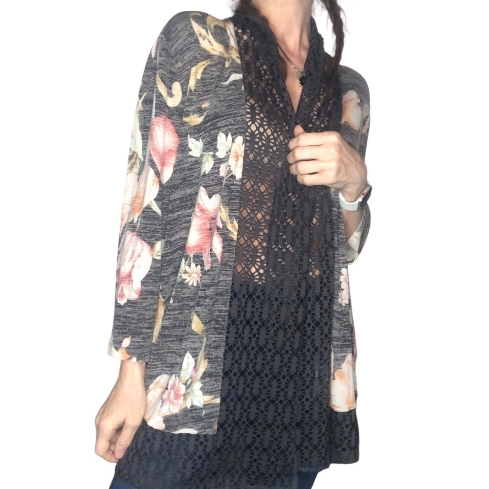 Chicos Sz 2 L Crochet Lace Trim Floral Kimono Boho Festival Feminine Cardigan